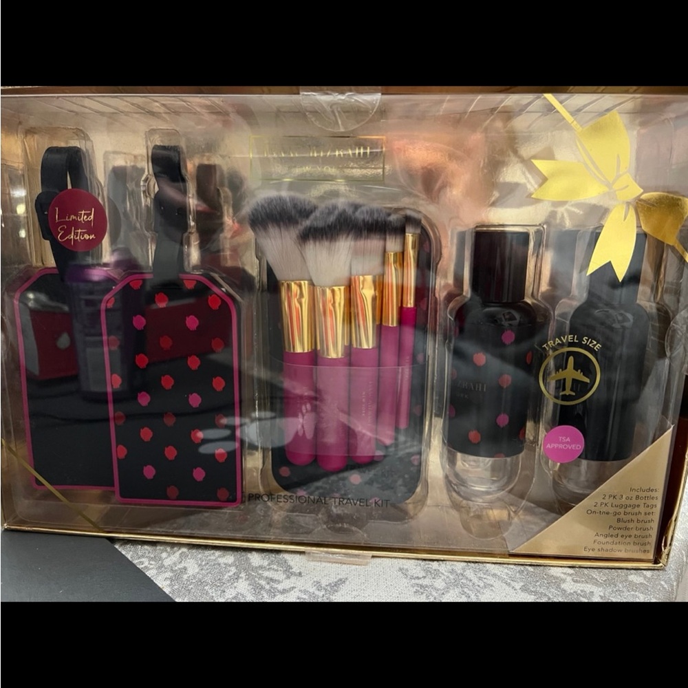 Isaac Mizrahi Pink and Black Travel Brush & Bottle Set